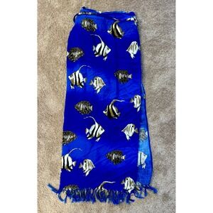Vintage Adam's Blue Fish Print Sarong Wrap Beach Cover Up Fringed Edges